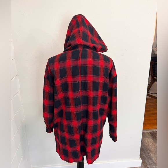 SHE + SKY HOODED LACE NECK FLANNEL SZ MEDIUM HILO NUBBY COTTON BLACK RED CHECK - Picture 3 of 11